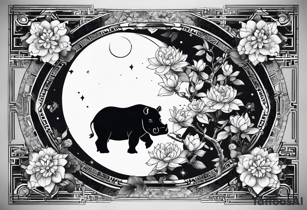 Very asymmetrical, +geometric pattern, with realistic full moon, with seeious looking hippo, +zen feel, + Buddhism touch, +tribal, +geometric
with wintersweet flower bud, +portrait orientation, +inkart touch, tattoo idea