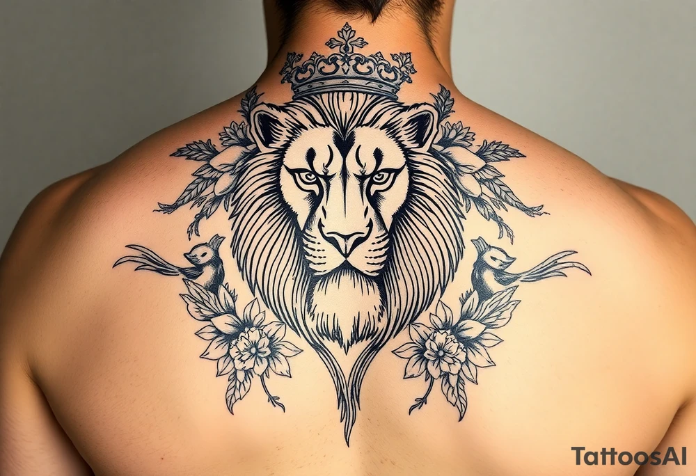 powerful majestic lion with a crown, surrounded by floral ornaments and birds tattoo idea