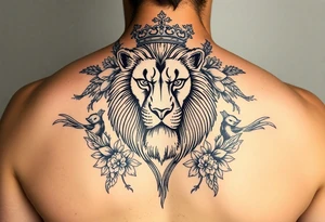 powerful majestic lion with a crown, surrounded by floral ornaments and birds tattoo idea