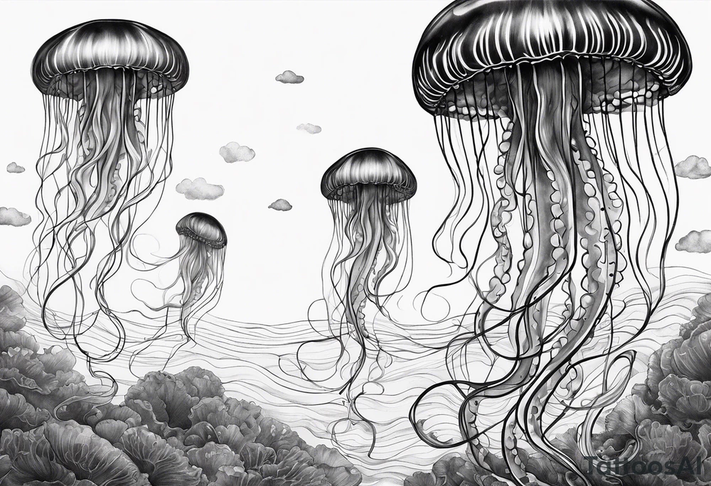 jellyfish with a small head and really long tentacles. Add clouds behind it like it’s floating in the sky tattoo idea