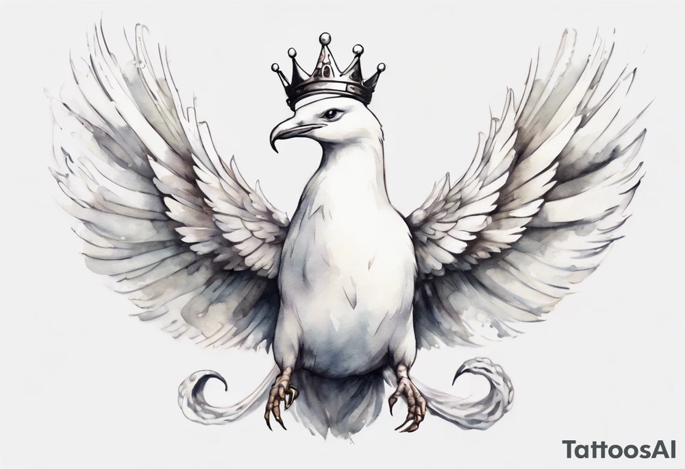 a white bird-serpent hybrid, wearing a small crown on its head, flying in the air tattoo idea