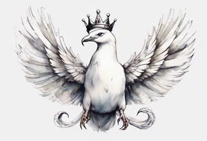 a white bird-serpent hybrid, wearing a small crown on its head, flying in the air tattoo idea