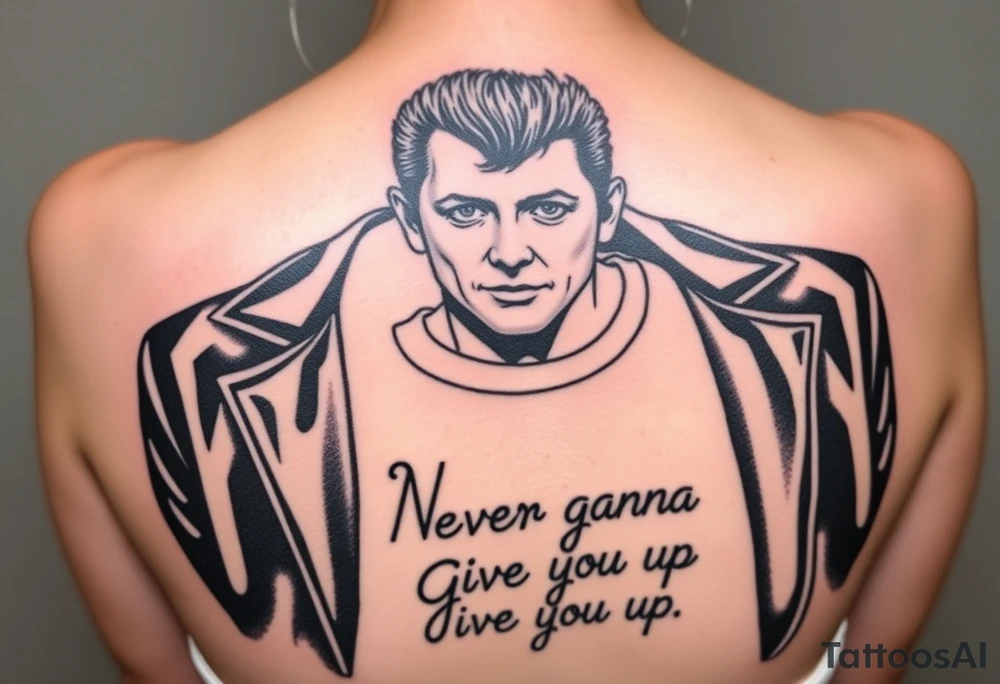 Rick Astley's Face, shoulders, Arms, Black jacket, Black and White stripe T-shirt outline with text "Never Gonna Give You Up" tattoo idea