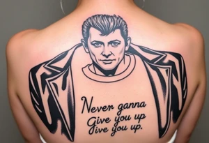Rick Astley's Face, shoulders, Arms, Black jacket, Black and White stripe T-shirt outline with text "Never Gonna Give You Up" tattoo idea