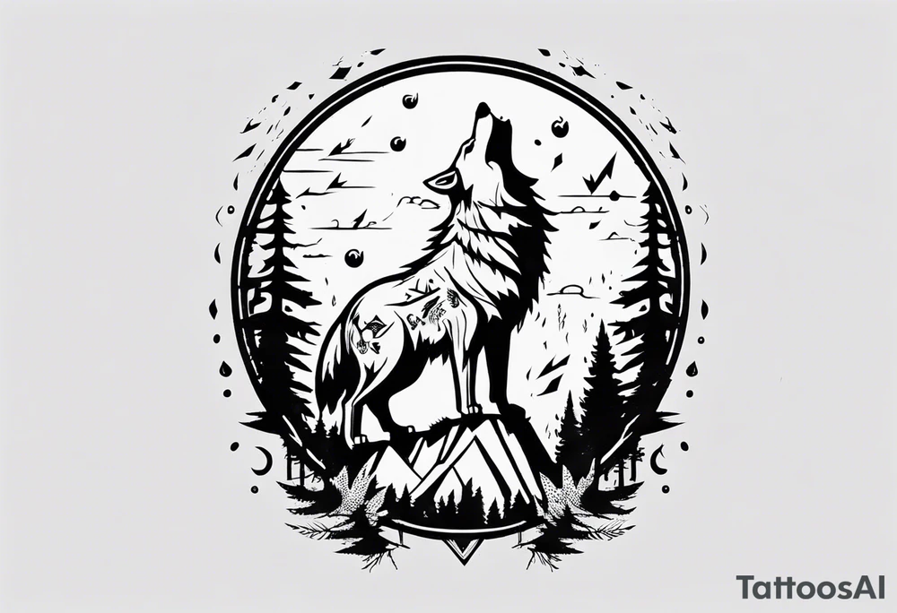 thunderstorm over a forest with a wolf howling on drums tattoo idea thunderstorm over a forest with a wolf howling on drums tattoo idea