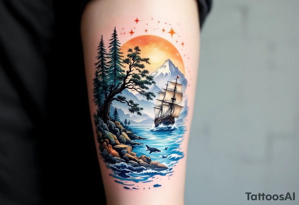 tattoo that has an acacia tree with forest mountains, ocean with a ship wreck with sharks and the bright northern star tattoo idea