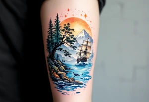 tattoo that has an acacia tree with forest mountains, ocean with a ship wreck with sharks and the bright northern star tattoo idea