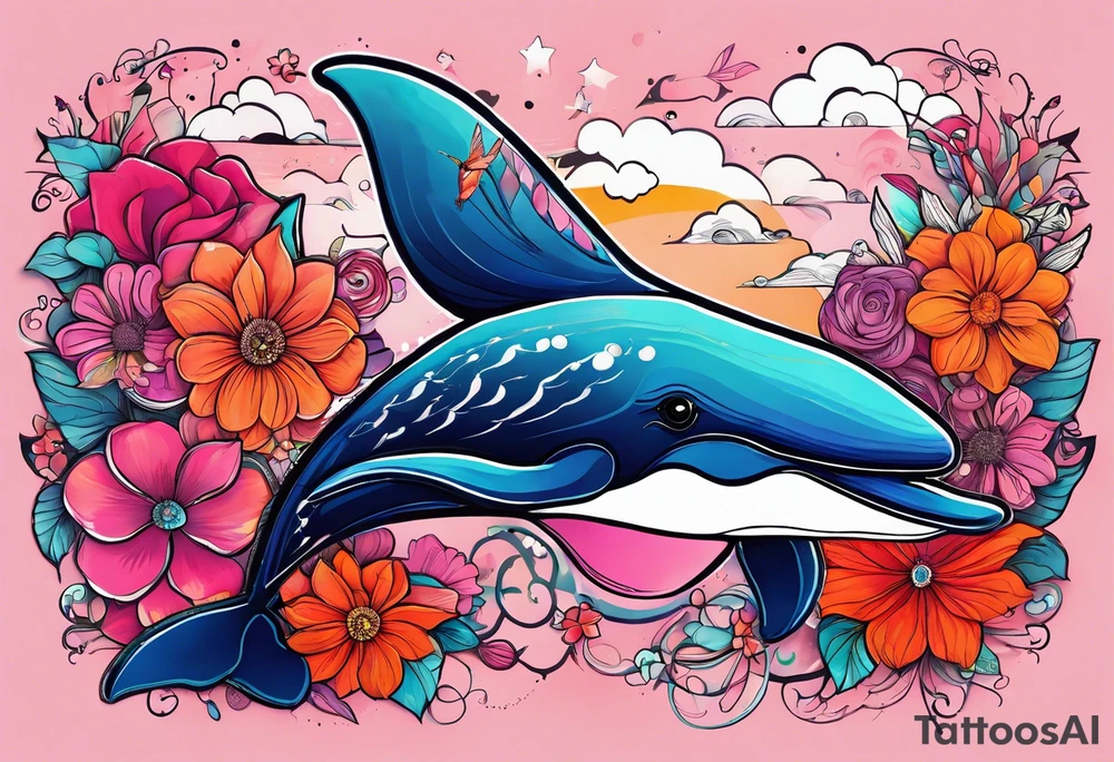 Small whale, hummingbird, face, flowers, bold color, collage, pink, orange, red, hot air balloon tattoo idea