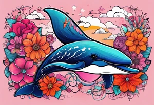Small whale, hummingbird, face, flowers, bold color, collage, pink, orange, red, hot air balloon tattoo idea