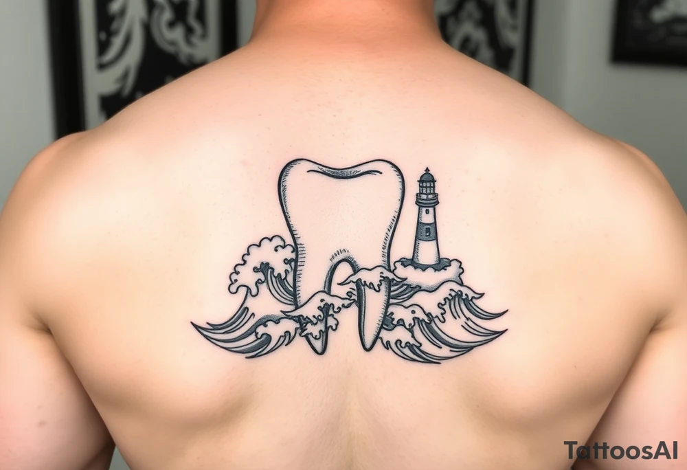 “A molar tooth cradled by waves of the ocean with a tiny lighthouse beside it, clean linework tattoo tattoo idea