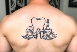 “A molar tooth cradled by waves of the ocean with a tiny lighthouse beside it, clean linework tattoo tattoo idea