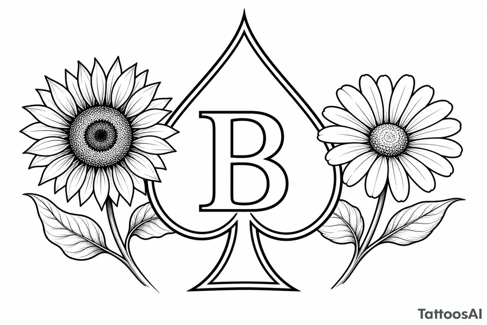 Bobby middle center inside the middle of the  with a sunflower and a daisy on each side of the spade very super extremely traceable to trace onto notebook paper, very super extremely easy and simple traceable tracing black and white outlining outline coloring pages very super extremely traceable to trace onto notebook paper tattoo idea