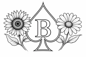 Bobby middle center inside the middle of the  with a sunflower and a daisy on each side of the spade very super extremely traceable to trace onto notebook paper, very super extremely easy and simple traceable tracing black and white outlining outline coloring pages very super extremely traceable to trace onto notebook paper tattoo idea