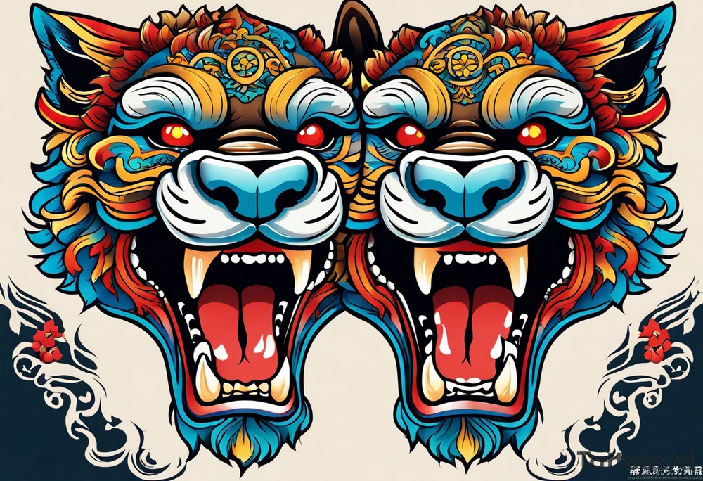 Okinawa-style pair of shisa dogs, one has an open mouth, one has a closed mouth, chest/pecs, Yakuza style, simple tattoo idea