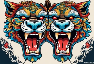 Okinawa-style pair of shisa dogs, one has an open mouth, one has a closed mouth, chest/pecs, Yakuza style, simple tattoo idea