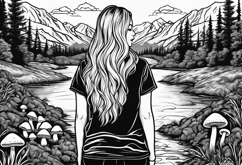 Straight long blonde hair hippie girl in distance holding mushrooms in hand facing away toward mountains and creek surrounded by mushrooms tee shirt and hiking pants tattoo idea
