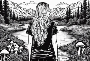 Straight long blonde hair hippie girl in distance holding mushrooms in hand facing away toward mountains and creek surrounded by mushrooms tee shirt and hiking pants tattoo idea