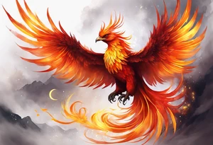 beautiful phenix, rising from fire and ash, signaling rebirth, renewal, beautiful, intricate, orange, red, deep red, bright orange, light yellow,. dark yellow, ethereal, foggy, cloudy, heaven like tattoo idea