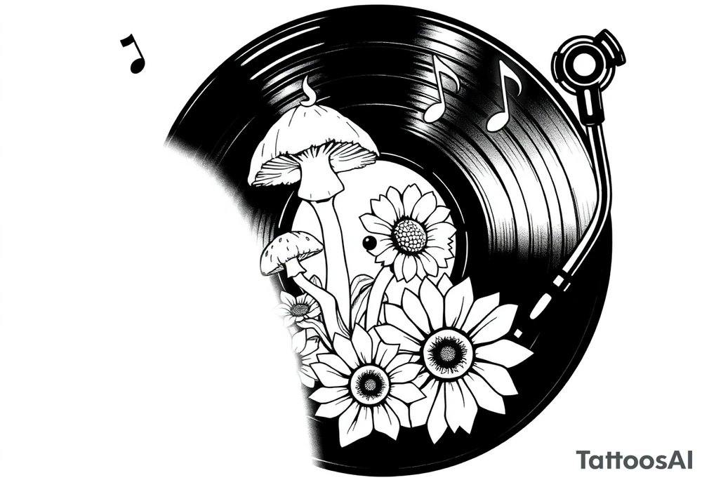 vinyl record player with mushrooms, sunflowers, and music notes around it tattoo idea