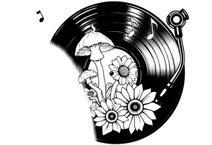vinyl record player with mushrooms, sunflowers, and music notes around it tattoo idea