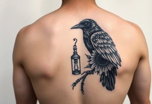 neotraditional crow with lantern and sunflower tattoo idea