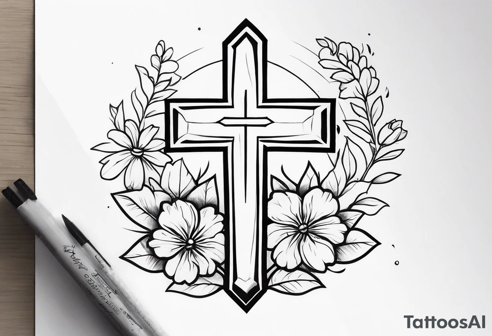 Cross, simple, Flowers, In God we trust tattoo idea