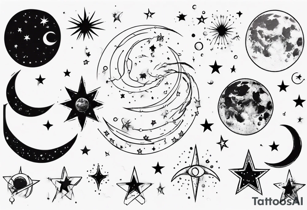 Night sky with moon and stars and constellations tattoo idea