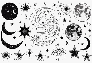 Night sky with moon and stars and constellations tattoo idea