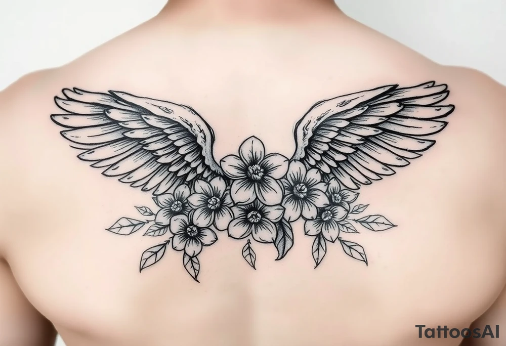 In memory of daddy angel wings and flowers tattoo idea