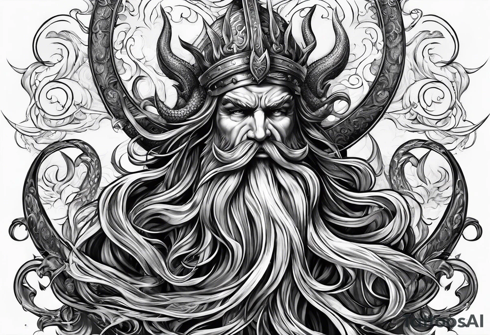 Kraken wrapping Poseidon thrusting trident tattoo idea