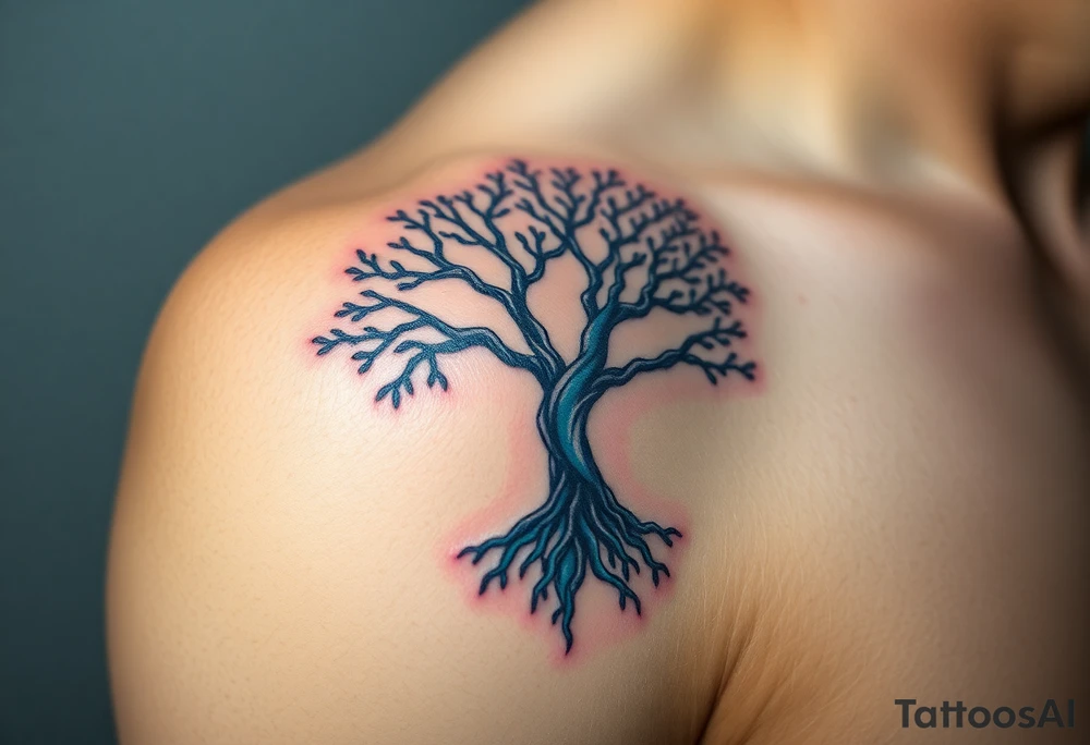 A tree with glowing blue roots and silver branches, symbolizing ancestral wisdom and new growth tattoo idea