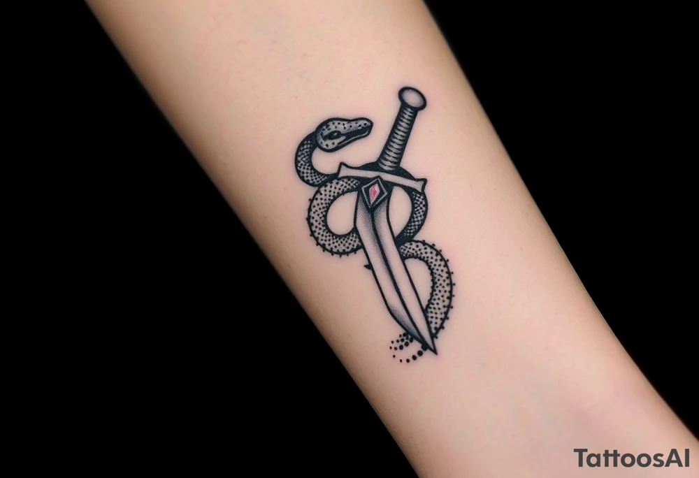 mystical snake coiled around an ancient dagger with jeweled hilt tattoo idea