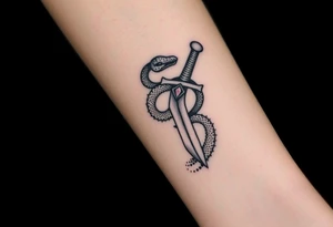 mystical snake coiled around an ancient dagger with jeweled hilt tattoo idea