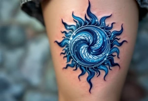 A deep blue Celtic sun tattoo, laced with silver highlights, swirls in an intricate spiral on the calf. tattoo idea
