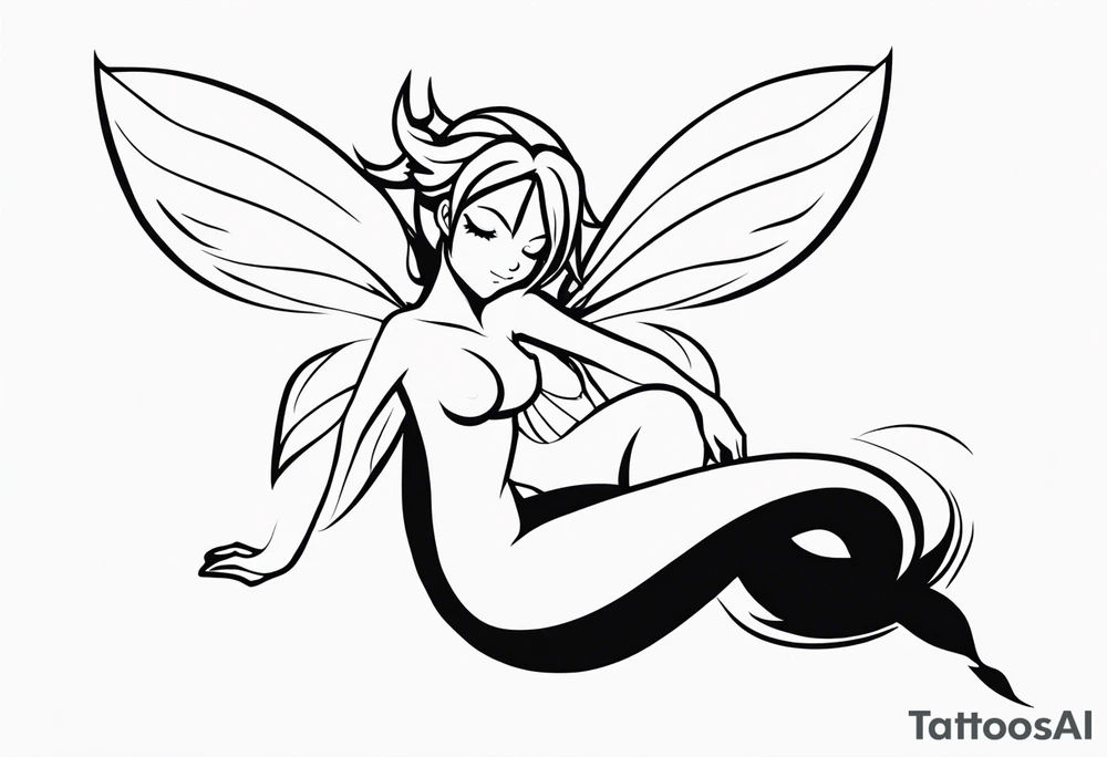 No color fairy with a tail inspired by the logo of the anime show called Fairy Tail in a fetal position leaning in and forward while in the air floating and sleeping tattoo idea