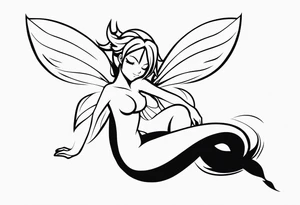 No color fairy with a tail inspired by the logo of the anime show called Fairy Tail in a fetal position leaning in and forward while in the air floating and sleeping tattoo idea