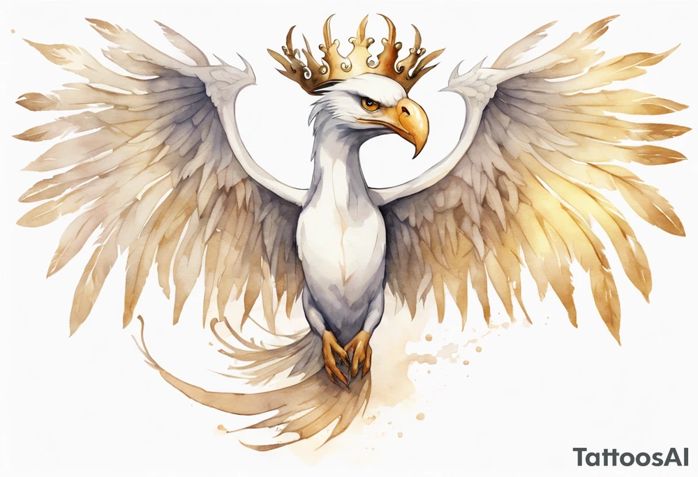 a watercolor of a white bird-serpent hybrid wearing a plain crown, with light gold wing feathers, flying in the sky tattoo idea