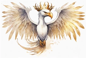 a watercolor of a white bird-serpent hybrid wearing a plain crown, with light gold wing feathers, flying in the sky tattoo idea