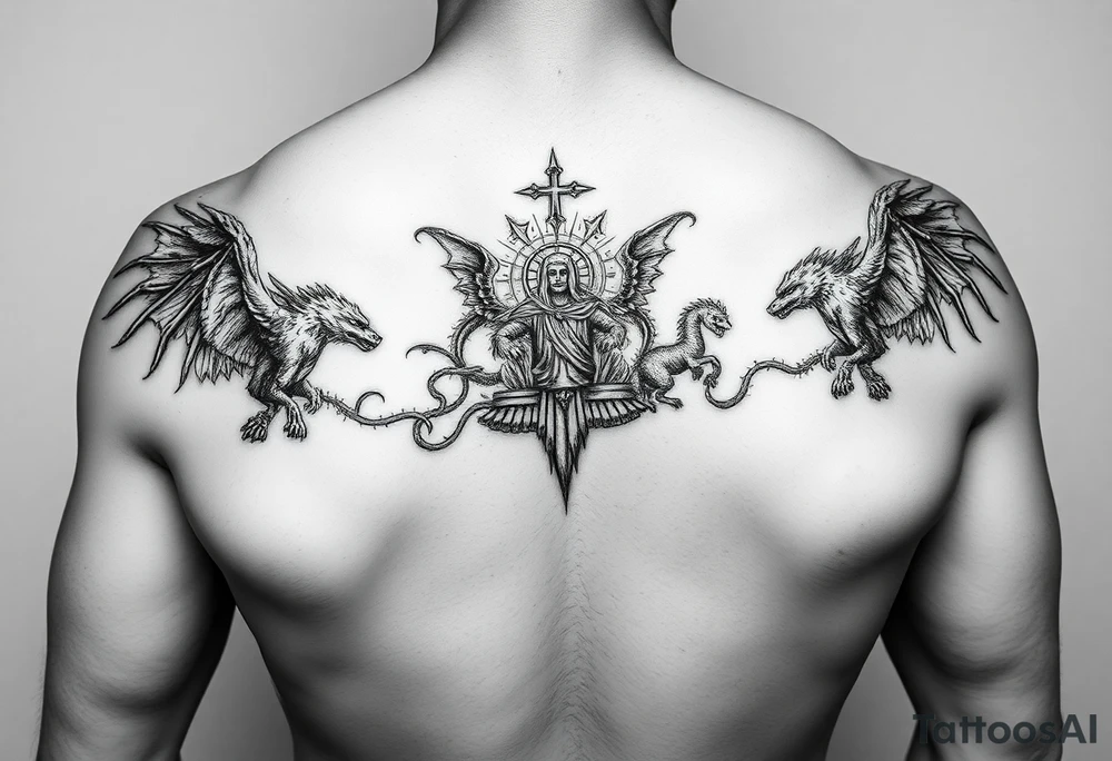 4 incorporeal creatures carrying the throne of god arm sleeve tattoo idea