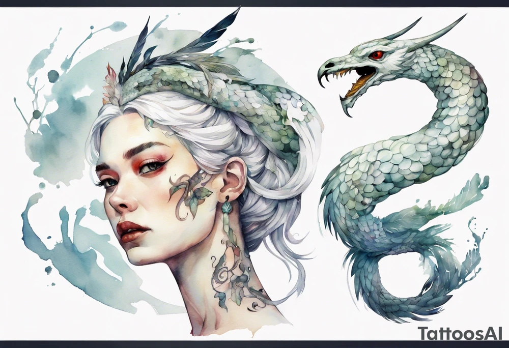 a white bird-serpent hybrid, wearing an iron crown on her head tattoo idea