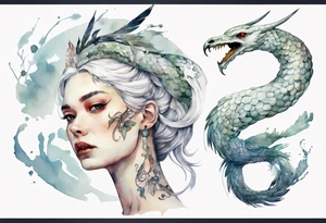a white bird-serpent hybrid, wearing an iron crown on her head tattoo idea