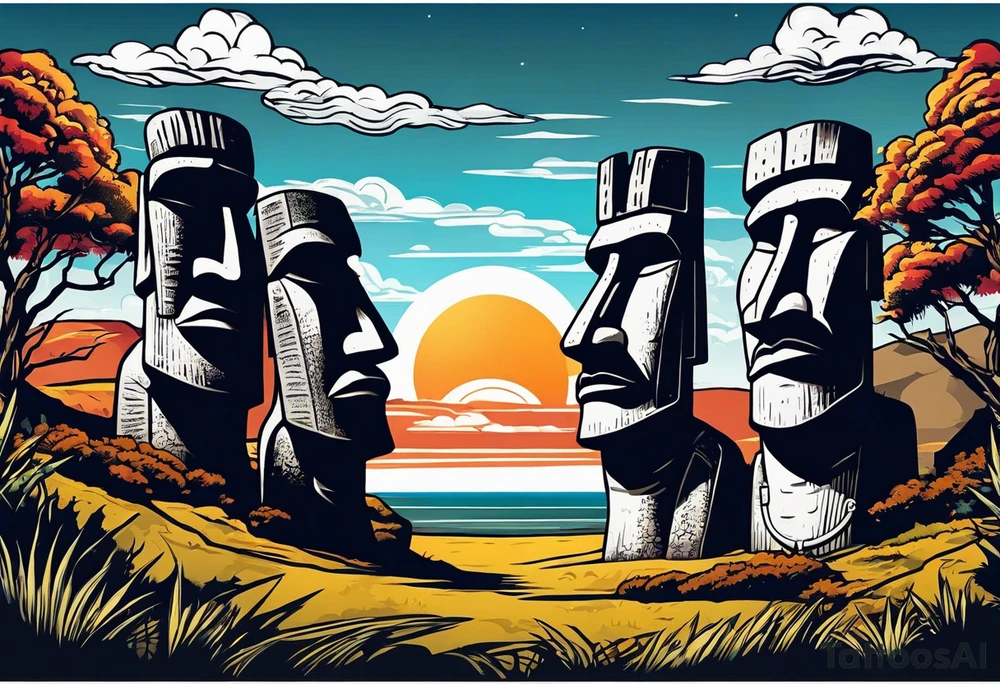 Four Easter island heads on an island landscape with hawks circling above tattoo idea