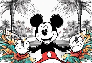 mickey mouse holding lightning with palm trees doing martial arts at the disney castle tattoo idea