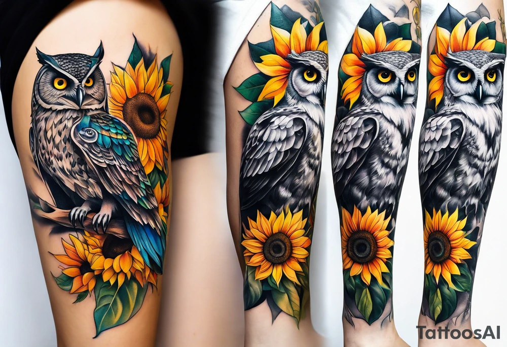 Leg sleeve with colorful sunflowers and an owl tattoo idea