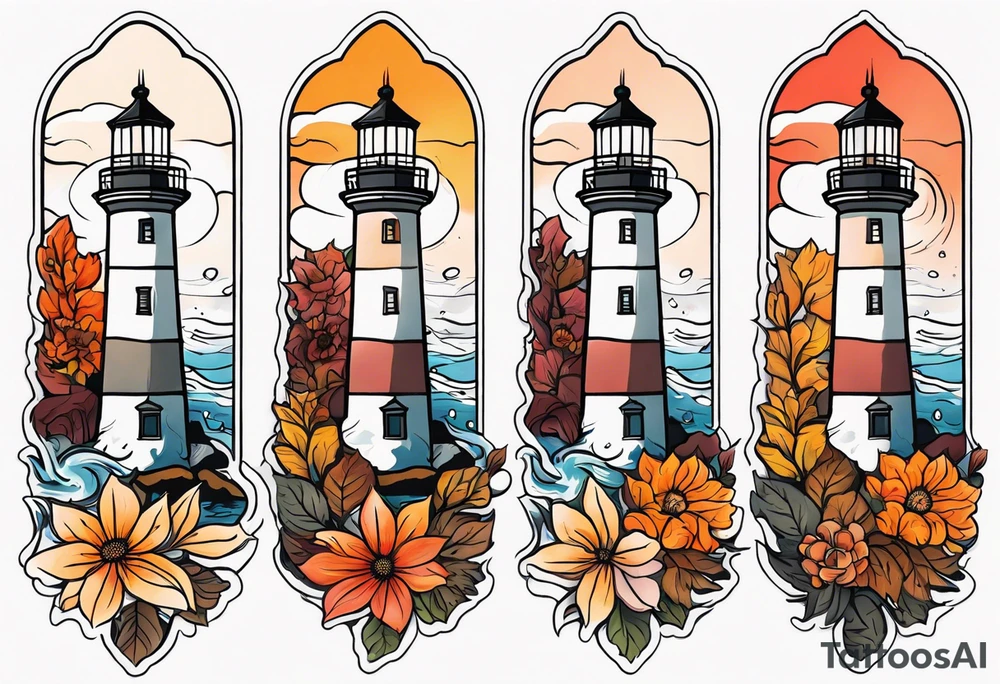 Arm sleeve with fall colors, various flowers, water flow, water splash, light house tattoo idea