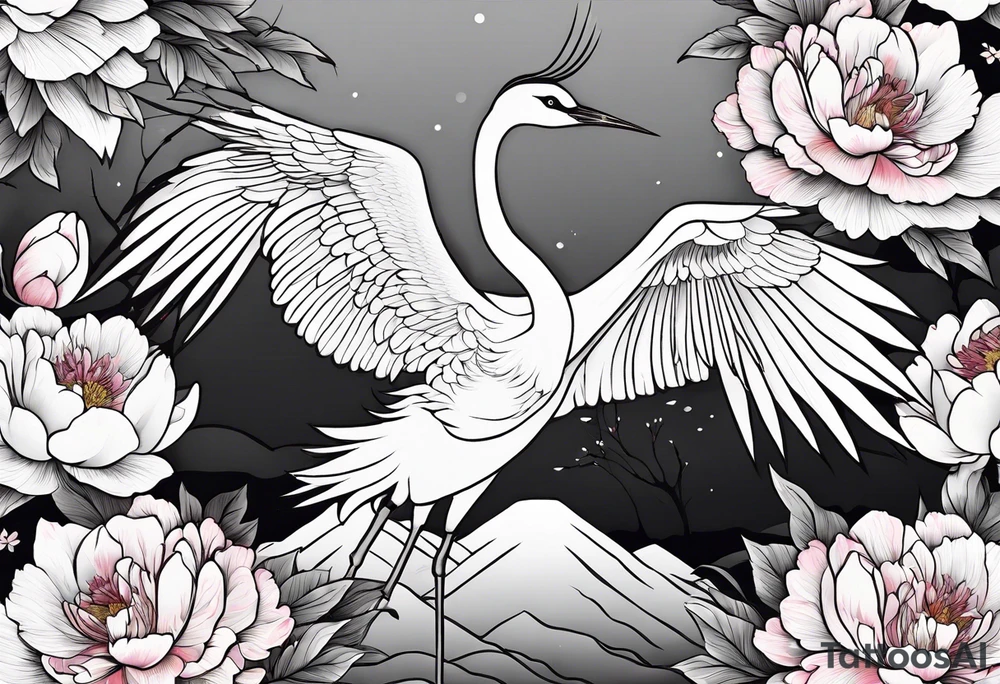 Japanese crane with peonies for arm sleeve tattoo tattoo idea