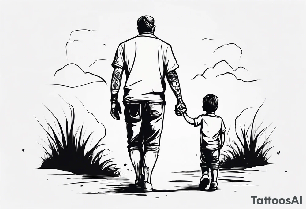 father and son walk away holding hands, just a contour tattoo idea