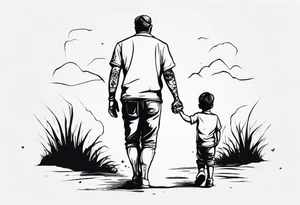 father and son walk away holding hands, just a contour tattoo idea