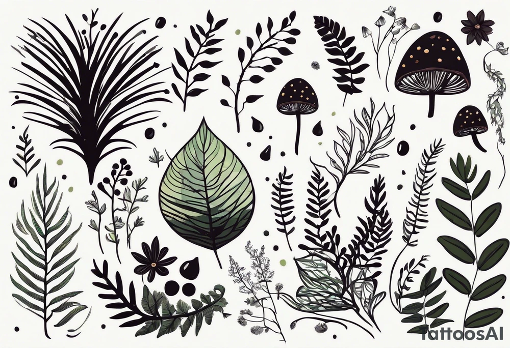 forest floor inspired minimalist tattoo, which includes grass, curly ferns, moss and dead leaves as the bulk of the tattoo. details to include: forest berries, a tiny bumblebee flying nearby, three small brown mushrooms
Generate a vertically long one tattoo idea