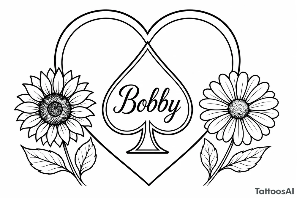 Bobby middle center inside the middle of the spade with a heart around the spade with a sunflower and a daisy on each side of the heart very super extremely traceable to trace onto notebook paper, very super extremely easy and simple traceable tracing black and white outlining outline coloring pages very super extremely traceable to trace onto notebook paper tattoo idea